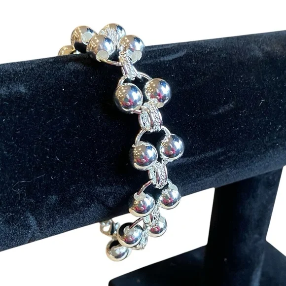 925 STERLING Stamped 8 mm Silver Round Beads Dainty Links Bracelet - Picture 3 of 9